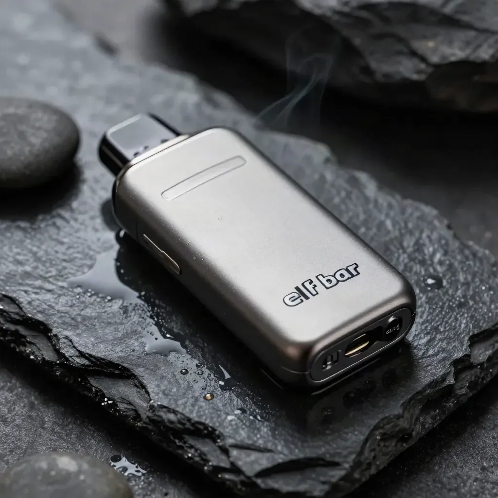 Macro vape on wet slate with pebble, vapor trace, and glossy reflections.