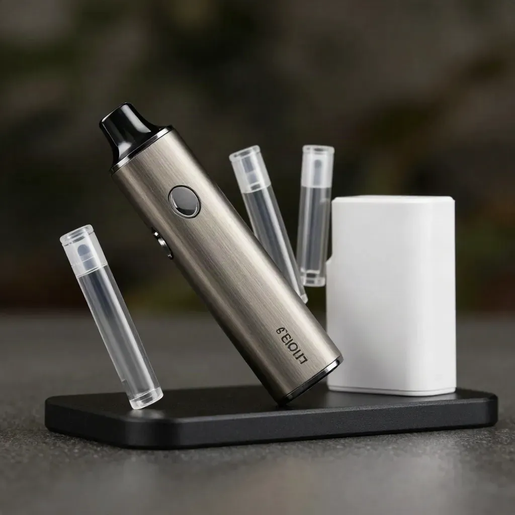 Unbranded pod kit, spare pods, and charger on brushed stone with dramatic studio light.