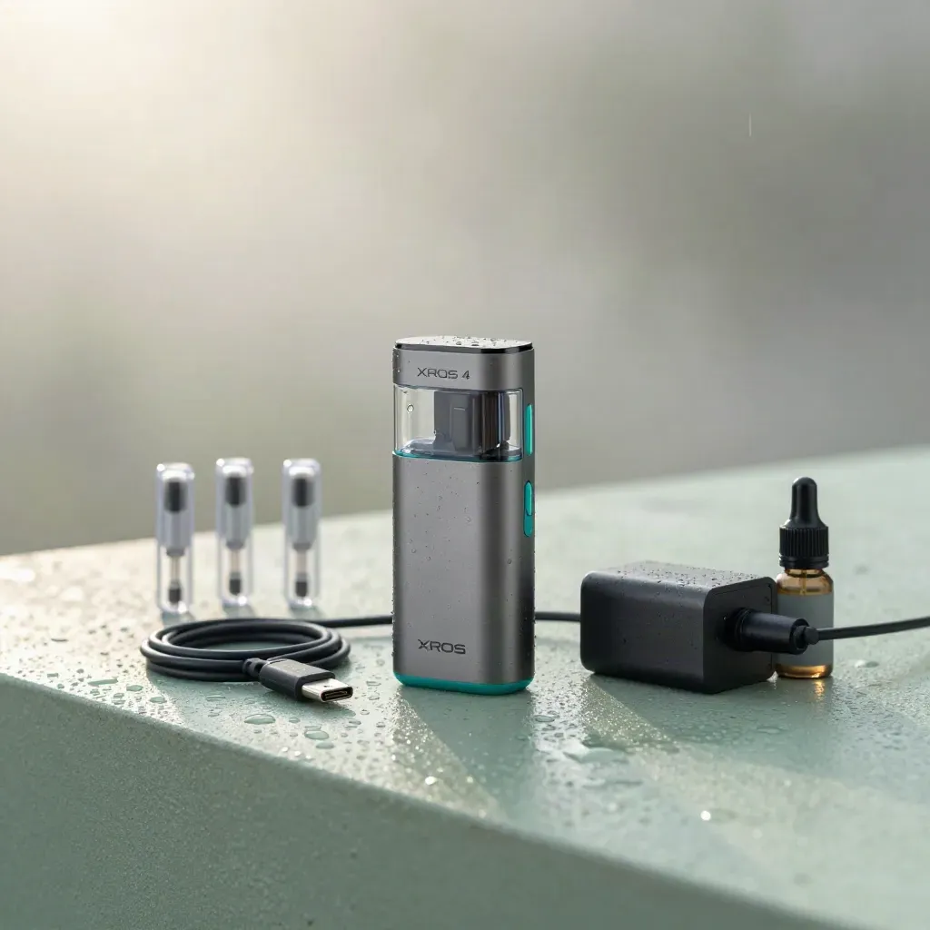 Macro hero of a vape pod kit with spare pods, cable, charger block and refill bottle on wet stone ledge.