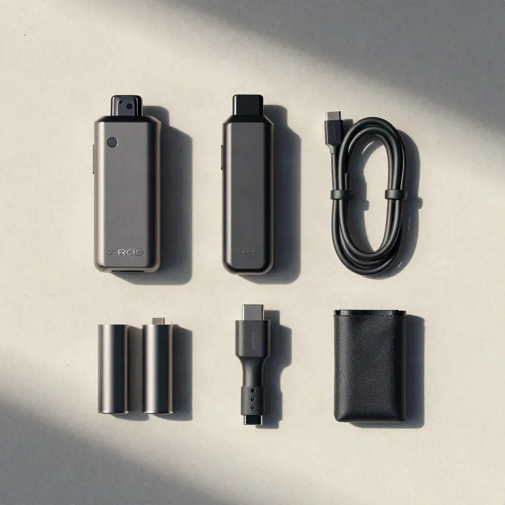 Overhead flat lay of a pod vape kit, cable, spare cartridge and battery sleeve on pale plaster.