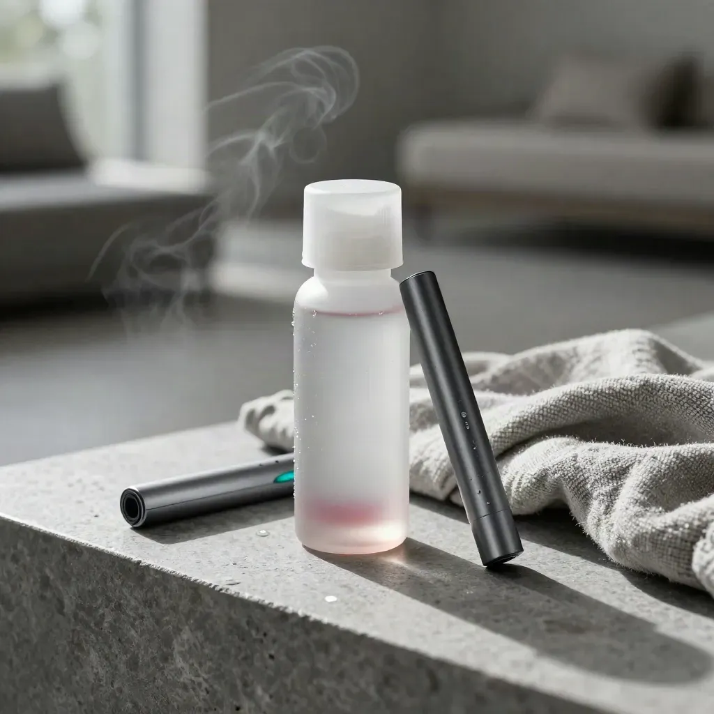 Cherry nic salt bottle and pod device on a cool stone ledge in misty light
