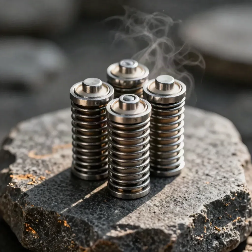 Grouped vape coils on dark stone with a blurred pod tank and soft rim light.