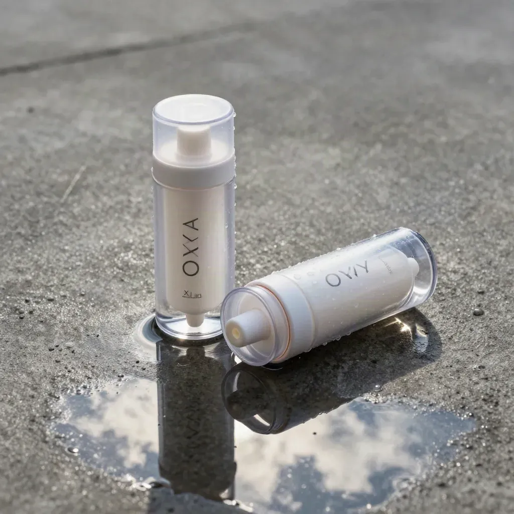 Two clear vape pods on damp concrete with a tiny puddle and misty studio light.