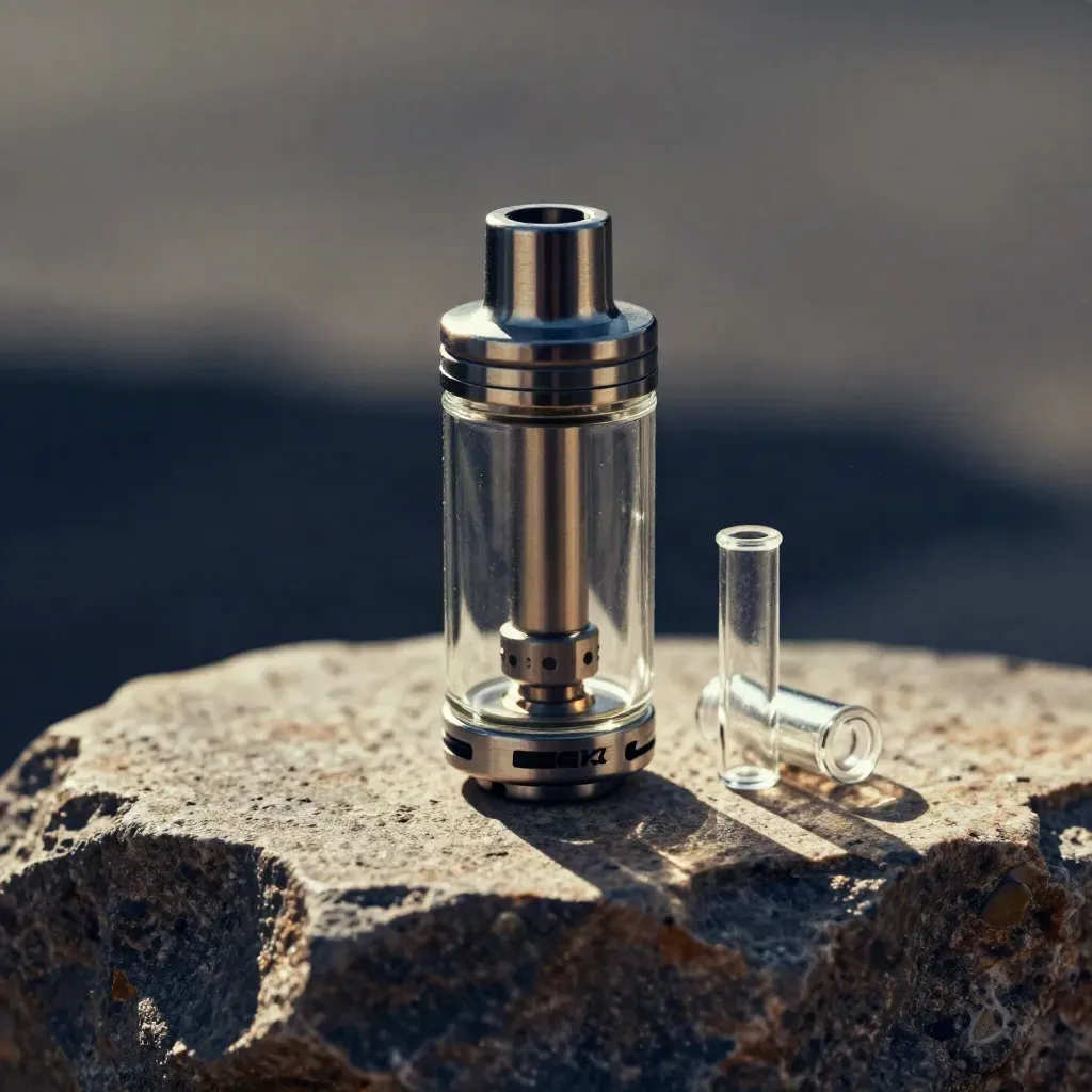 GeekVape-style tank with spare glass and O-rings on warm stone in dramatic light