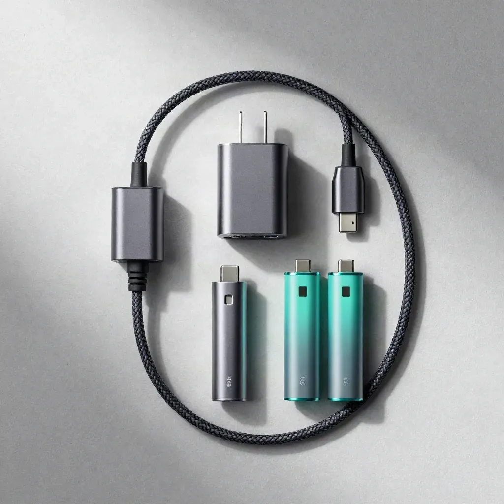 Overhead flatlay of a USB-C vape charger, cable, plug and two batteries on matte plaster.