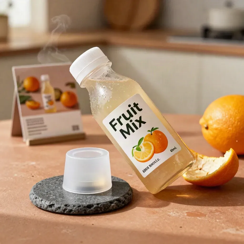 Fruit Mix vape juice bottle with pod device, citrus peel and stone coaster in soft daylight