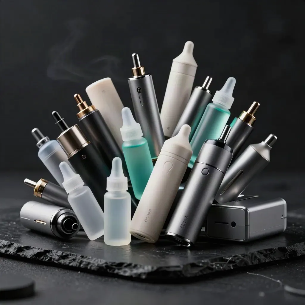 Cluster of vape pods, e-liquid bottles, coils and charger on a dark studio slab with teal highlights