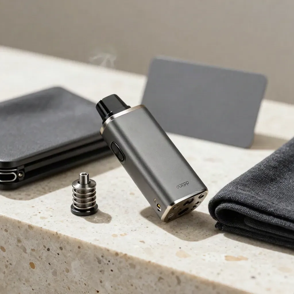 Unbranded vape kit with tank, coil and cloth on travertine in soft side light