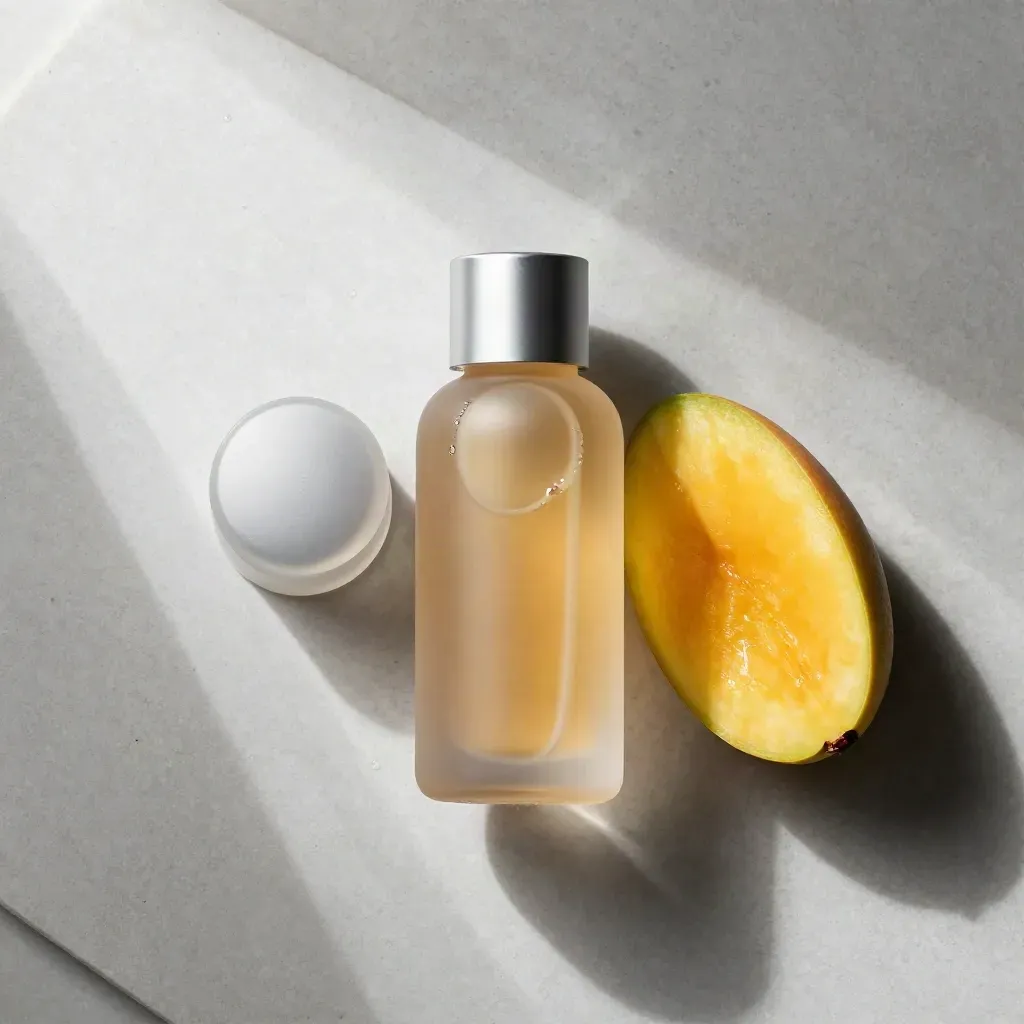 Top-down flatlay of an unbranded mango salt bottle, pod, mango wedge and frosted cap on stone.