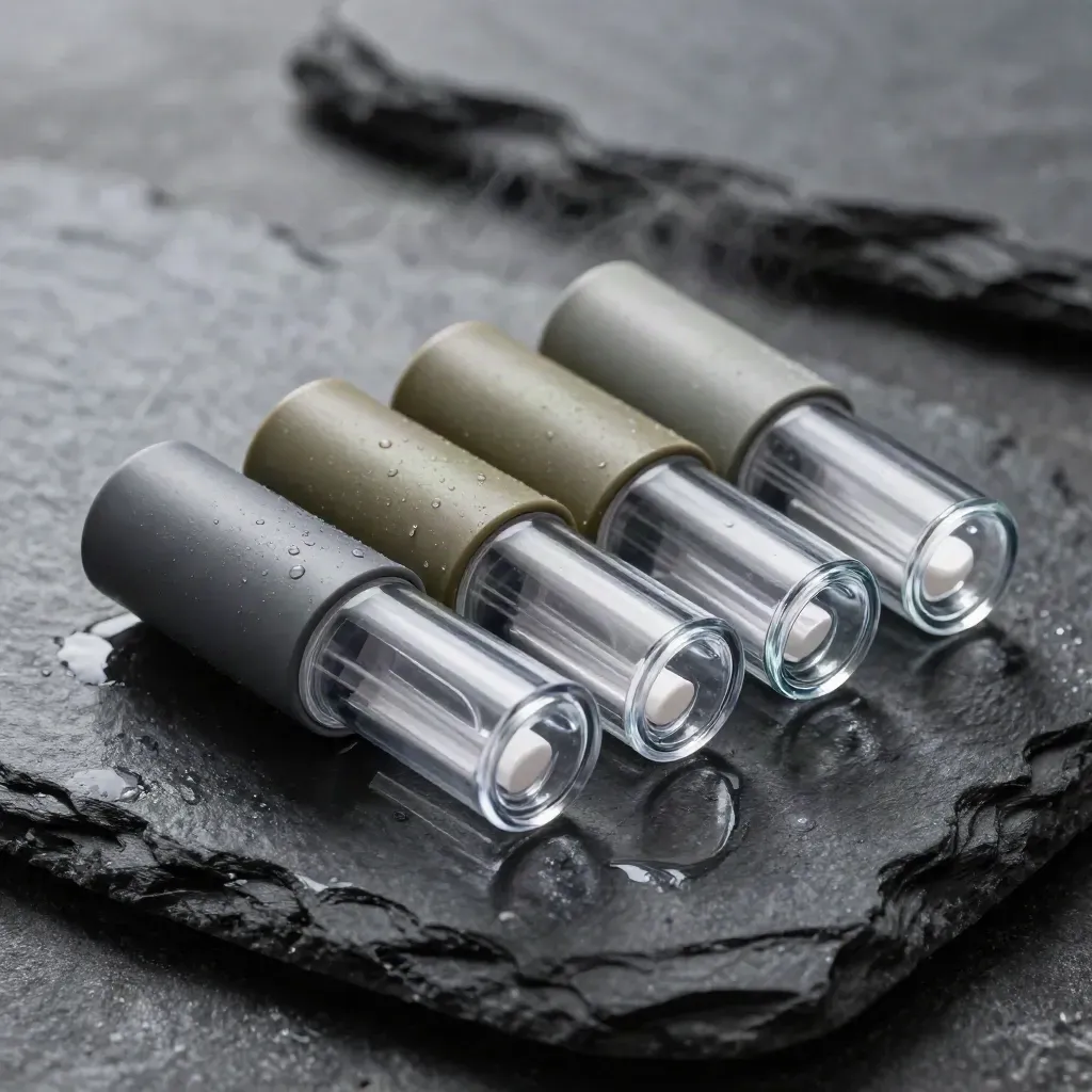 Four unbranded vape pods fanned on wet slate with mist and sharp highlights.