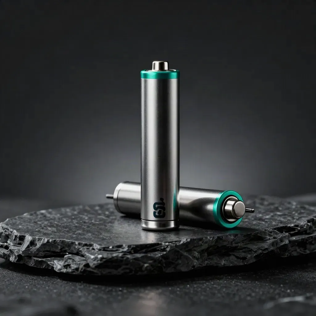 Dark 510 thread battery on stone with teal rim light, haze, and charger cap.
