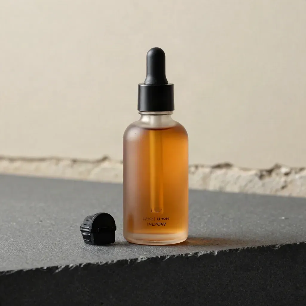 Amber vape bottle with dropper cap beside a pod on graphite stone, softly lit in studio