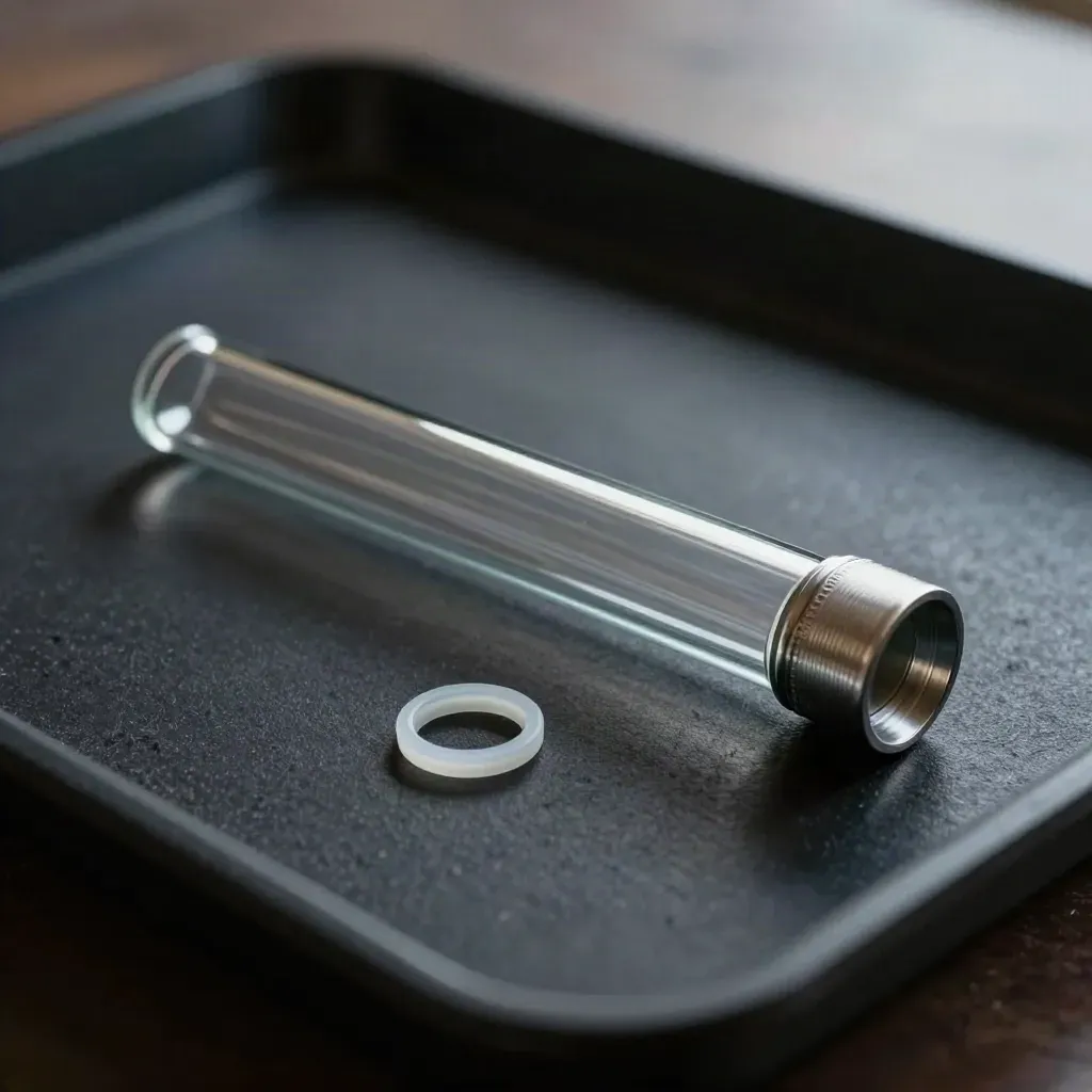 Glass replacement tube with metal caps, gasket, and spare ring on dark felt.