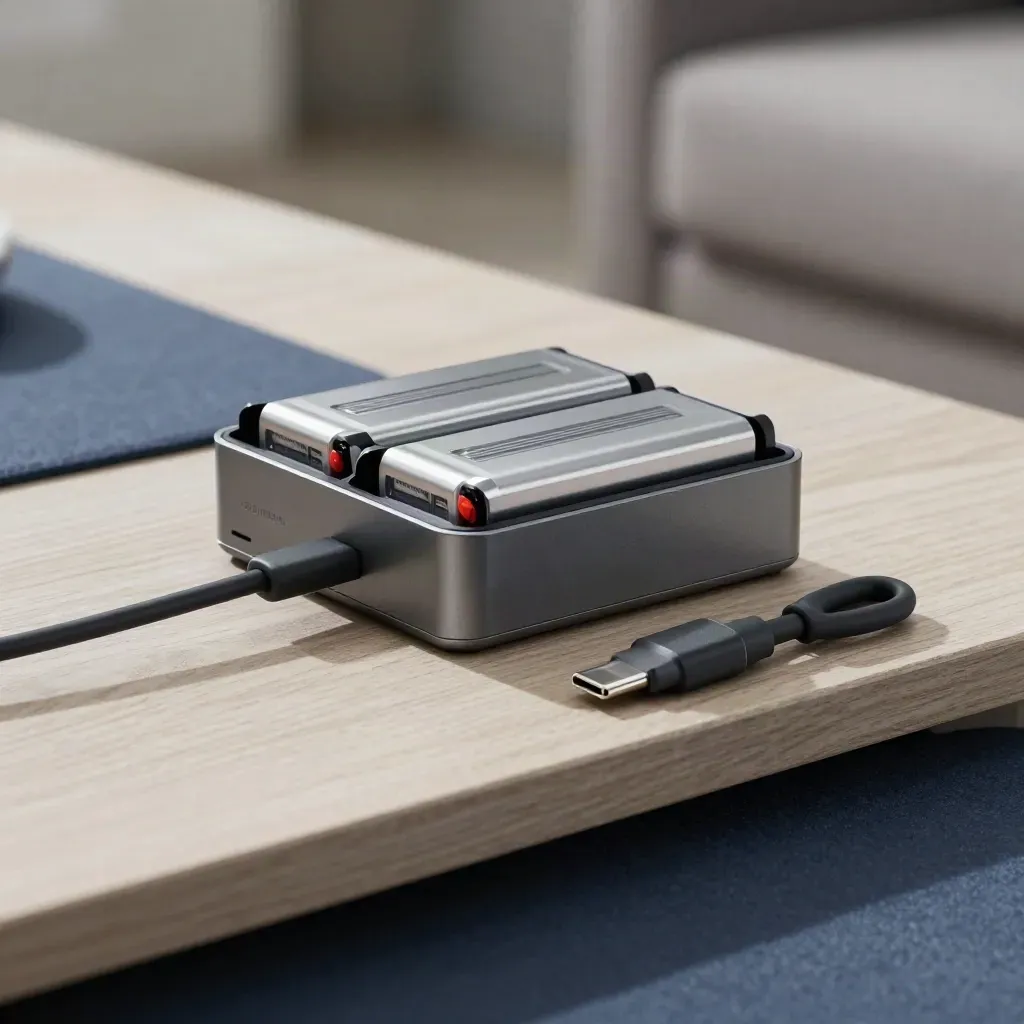 Dual-bay vape charger with two batteries and USB-C cable on pale wood