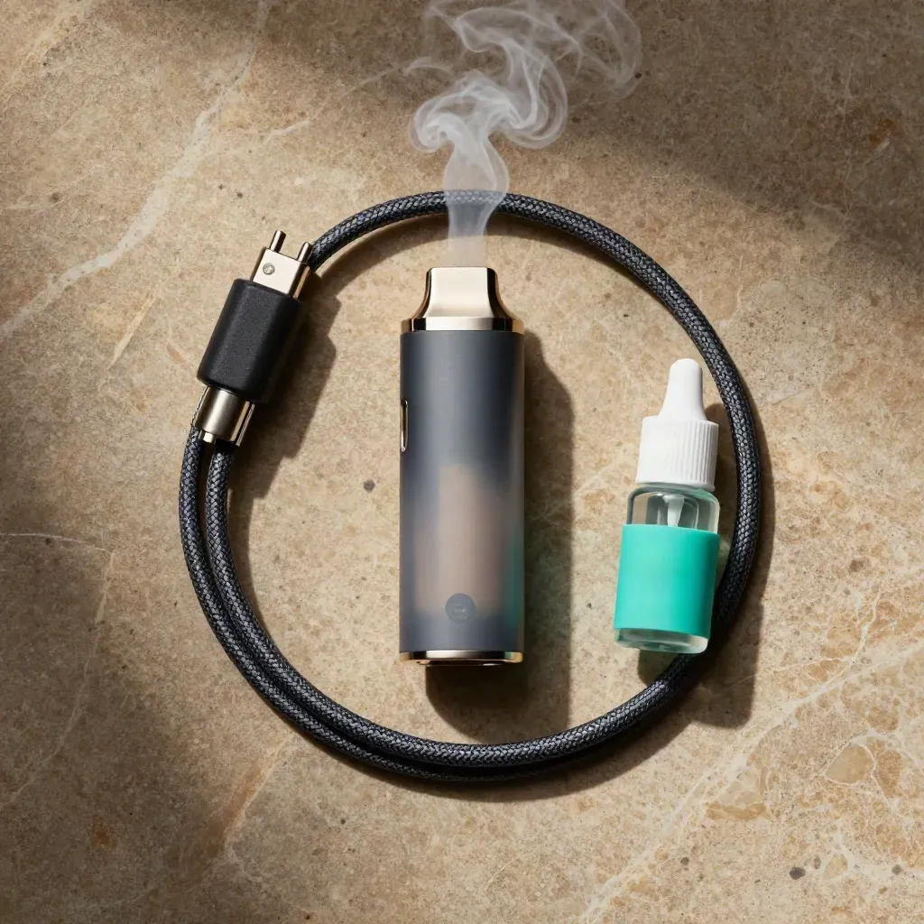 Overhead circular flat lay of a starter vape kit on warm stone with a subtle teal accent.