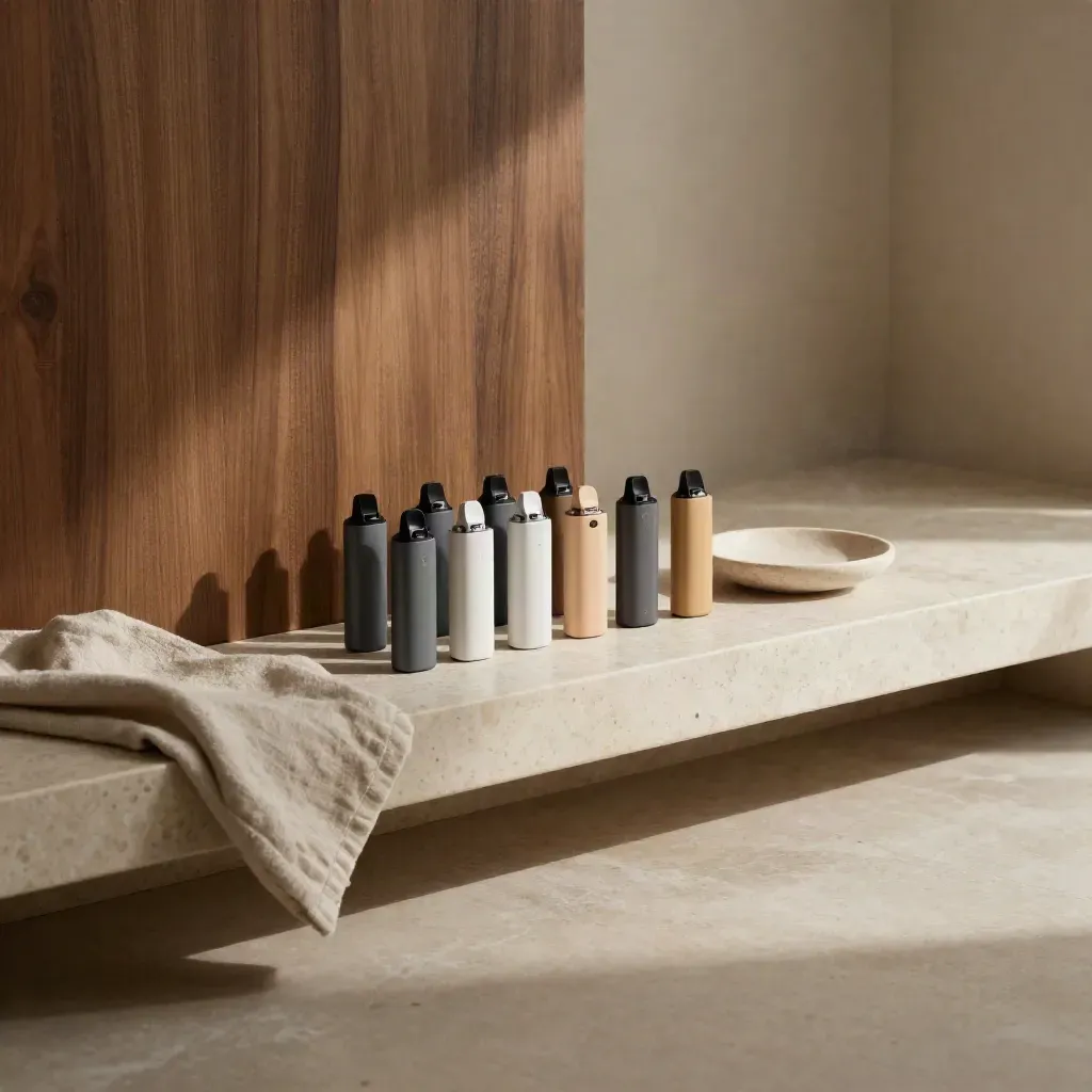 Blurred disposable vape devices on a pale stone ledge in a warm sunlit interior.