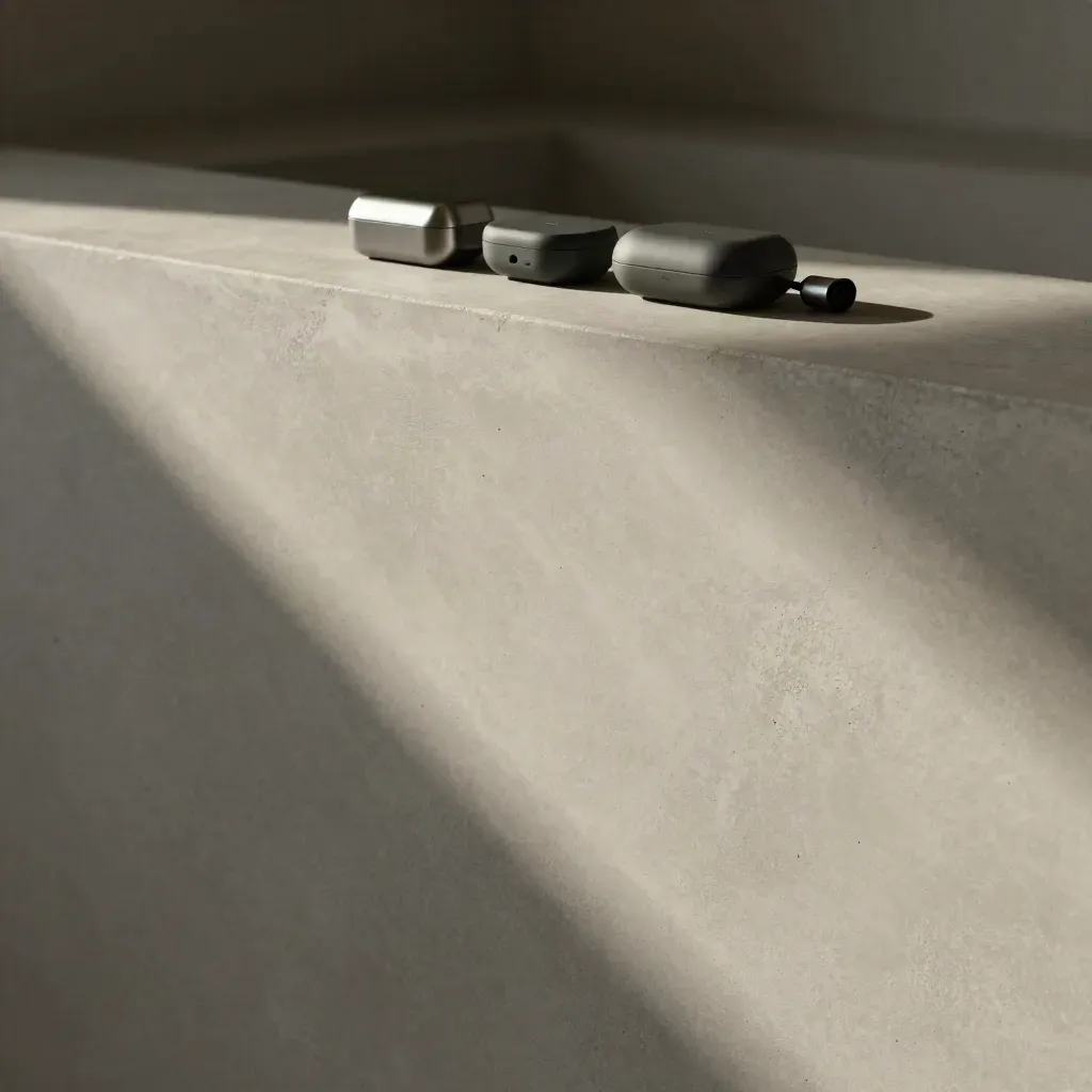 Brushed concrete with sleek pod vape devices and soft morning light