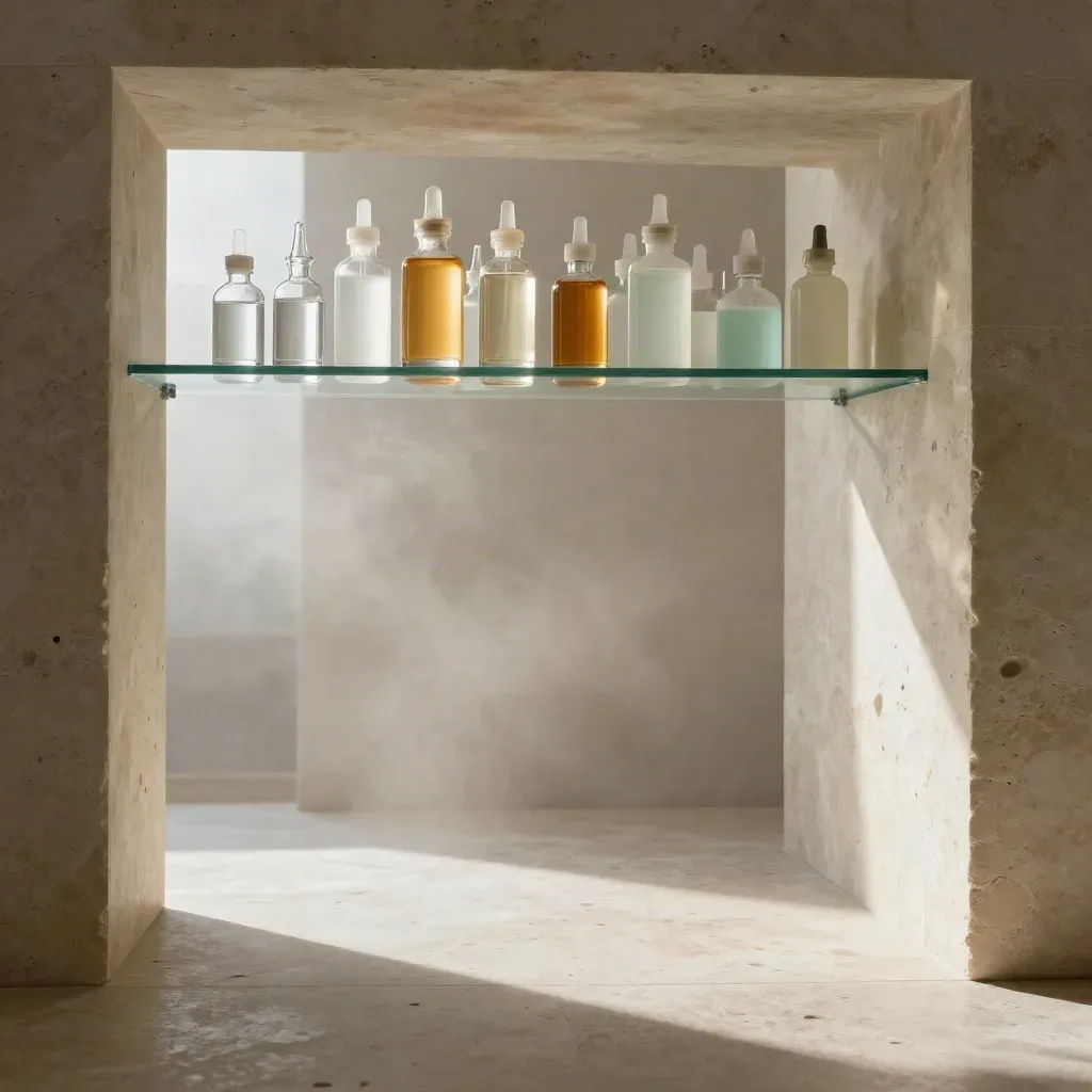 Sunlit stone niche with e-liquid bottles on high glass shelves above a calm copy area