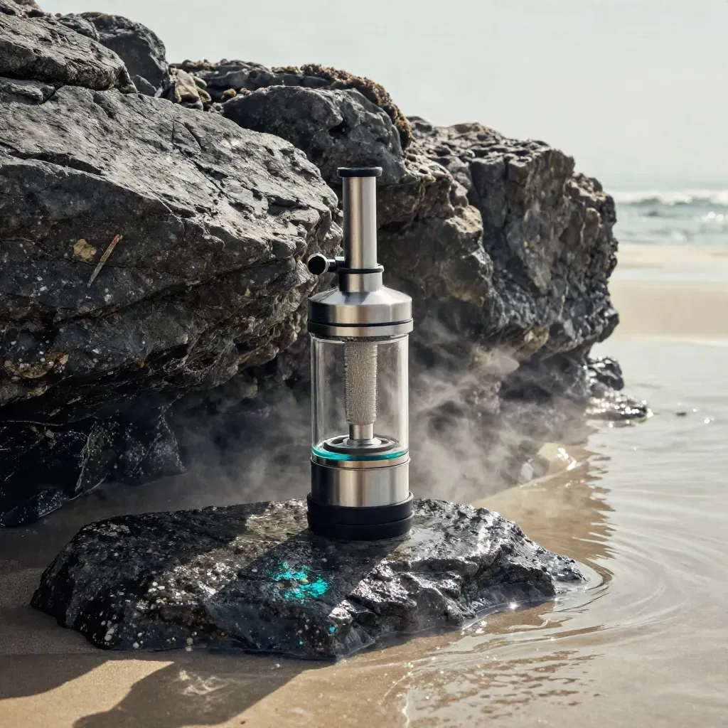 Coastal basalt shelf with vape coil and tank parts in misty light